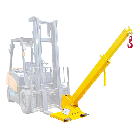 Heavy Duty Forklift Jib Boom Crane With Dual Hooks And Smooth 0 To 75 Degree Tilt Hella Tough 6600 Pound Capacity attachment view with yellow steel boom.