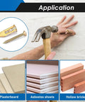 Self Drilling Drywall Anchors And Screws Kit With Two Anchor Sizes And Three Expansion Screw Sizes, Zinc Plated Steel Sheetrock Anchors, No Drilling Required, Holds Up To 66 Lbs, 100 Pcs For Fast, Secure Mounting Of Shelves, TV Brackets And More being used on a white wall with plasterboard, asbestos sheets, and hollow bricks shown.