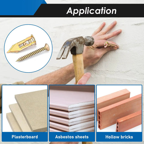 Self Drilling Drywall Anchors And Screws Kit With Two Anchor Sizes And Three Expansion Screw Sizes, Zinc Plated Steel Sheetrock Anchors, No Drilling Required, Holds Up To 66 Lbs, 100 Pcs For Fast, Secure Mounting Of Shelves, TV Brackets And More being used on a white wall with plasterboard, asbestos sheets, and hollow bricks shown.