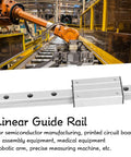 Rock Solid Three Hundred Millimeter External Biaxial Metal Linear Guide Rail With Slide Block, Built Tough For Buttery Smooth Tracking On Industrial Automation And Test Equipment in use with robotic arm in factory.