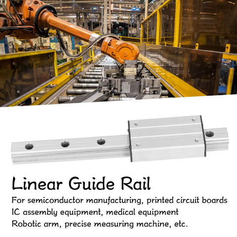 Rock Solid Three Hundred Millimeter External Biaxial Metal Linear Guide Rail With Slide Block, Built Tough For Buttery Smooth Tracking On Industrial Automation And Test Equipment in use with robotic arm in factory.