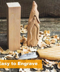 Unfinished Basswood Carving Block 10x3x3 Inches and carved gnome surrounded by wood shavings and carving knife
