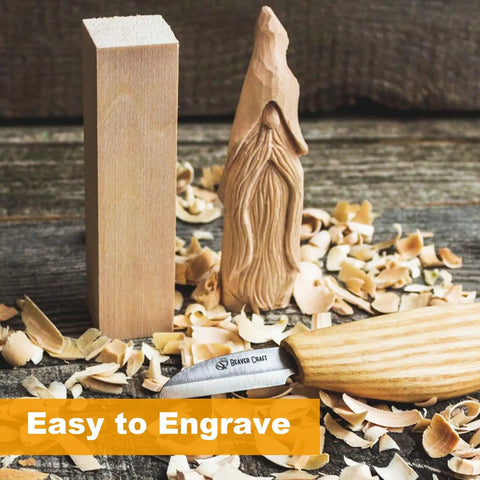 Unfinished Basswood Carving Block 10x3x3 Inches and carved gnome surrounded by wood shavings and carving knife