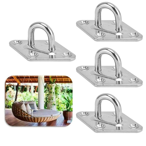 4 Pack Stainless Steel Pad Eye Hooks Set For Heavy Duty Ceiling Mounts And Wall Hangers, shown with hanging chair