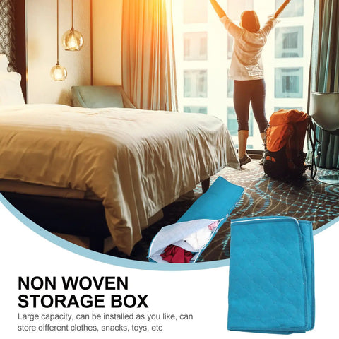 No Fuss Heavy Duty Folding Clothes Storage Bin With Sturdy Handles And Smart Compartments For Bed Sheets Blankets And Closets, shown in a bedroom.