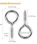 Detailed dimensions of 40 Pack 2 Inch Screw Eyes Nickel Plated Steel Self Tapping Eye Hooks Rust Resistant Metal Hardware.