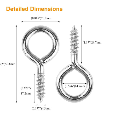 Detailed dimensions of 40 Pack 2 Inch Screw Eyes Nickel Plated Steel Self Tapping Eye Hooks Rust Resistant Metal Hardware.