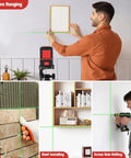Collage showing 100ft Green Cross Line Rotary Laser Level With 360 Degree Rotation For Indoor Outdoor Use Self Leveling With Manual Lock Pulse Mode Vertical And Horizontal Lines IP54 Waterproof Battery Included used for picture hanging, tiling, shelf installing, and screw hole drilling.