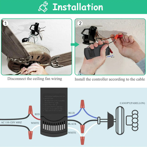 Ceiling Fan Remote Control and Receiver Kit Replacement for Harbor Breeze Hunter Hampton Bay 3 Speed Fan Control with Light Dimmer and Time Delay 304.17MHz Includes Wall Mount installation diagram with wiring connections and controller placement steps.