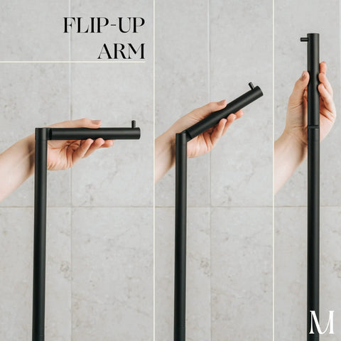 Close-up of flip-up arm mechanism on Free Standing Toilet Paper Holder Stand For 4 Rolls In Matte Black Stainless Steel