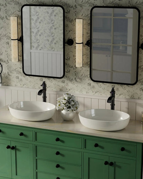 Matte Black Vessel Sink Faucet With Pop Up Drain Waterfall Style Farmhouse Single Hole Lavatory Tap Antique Bowl Look One Handle Includes Supply Lines No Overflow installed on dual vanity with green cabinets