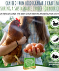 Woman holding chicken and eggs, promoting Cozy Egg Nesting Pads For Hens, 8 Pack, 13x13 Inches, biodegradable aspen cushions.