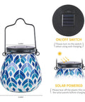 Solar Mosaic Lanterns For Outdoor Lighting showing blue hollow mosaic glass, solar panel, and on/off switch, ideal for gardens.
