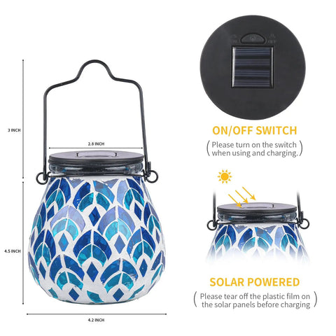 Solar Mosaic Lanterns For Outdoor Lighting showing blue hollow mosaic glass, solar panel, and on/off switch, ideal for gardens.