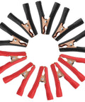 Beefy Insulated Alligator Clips Kit, 10 Pieces, 100 Amp Heavy Duty Jumper Clamps, Red and Black, arranged in a circle.