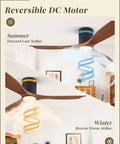 52 Inch Ceiling Fan With Lights And Remote Modern Flush Mount 3 Color Temperatures LEDs Quiet DC Motor 6 Speed Settings Timer Low Profile Outdoor Indoor For Bedroom Living Room Patio showing reversible airflow for summer and winter use.
