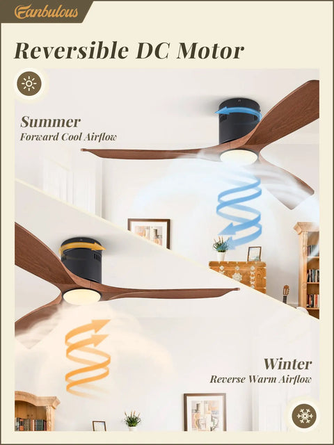 52 Inch Ceiling Fan With Lights And Remote Modern Flush Mount 3 Color Temperatures LEDs Quiet DC Motor 6 Speed Settings Timer Low Profile Outdoor Indoor For Bedroom Living Room Patio showing reversible airflow for summer and winter use.