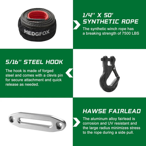 HEDGFOX 1/4" x 50' synthetic rope and 5/16" steel hook, essential for Heavy Duty 5500 Lb Electric Winch for ATV UTV.