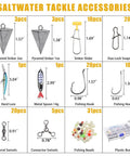 136 Piece Saltwater Tackle Kit For Surf Fishing With Lures And Rigs Hooks Leaders Swivels Sinker Weights Beads Snaps And More All In One Ocean Fishing Gear with accessories layout