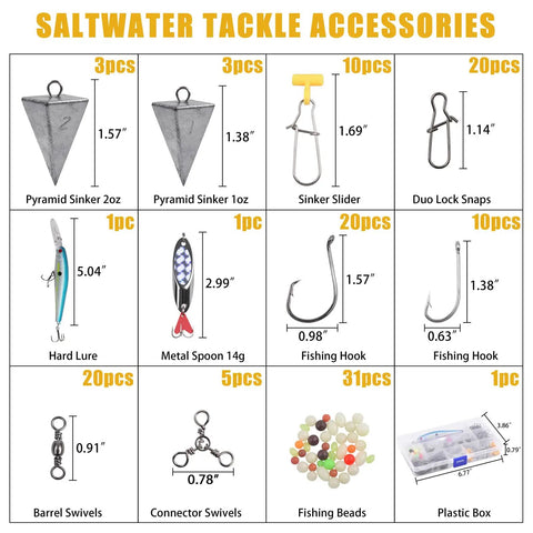 136 Piece Saltwater Tackle Kit For Surf Fishing With Lures And Rigs Hooks Leaders Swivels Sinker Weights Beads Snaps And More All In One Ocean Fishing Gear with accessories layout