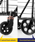 Close-up of folding shopping cart with 200 lb capacity, highlighting 360° swivel front wheels and oversized back wheels.