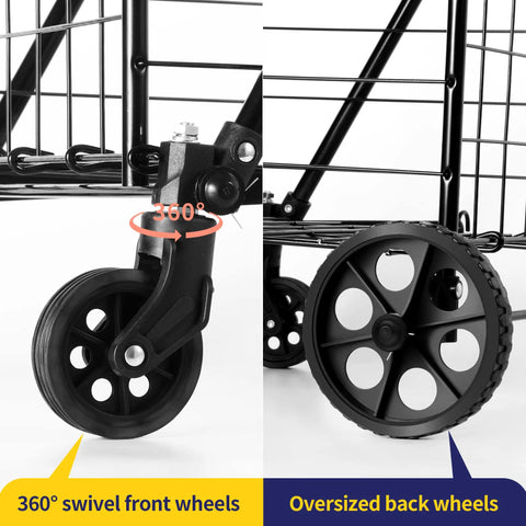 Close-up of folding shopping cart with 200 lb capacity, highlighting 360° swivel front wheels and oversized back wheels.