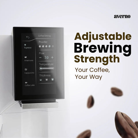 Top Shelf Fully Automatic Espresso Machine With Built In Grinder And Dual Milk Frother For Smooth Bean To Cup Coffee Drinks Without Stepping Outside Your Door touchscreen for adjustable brewing settings.
