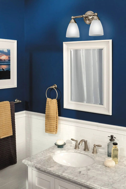 Brantford Style 2-Light Dual-Mount Vanity Light In Brushed Nickel With Frosted Glass above bathroom mirror
