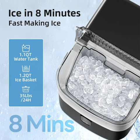 Quick Chill Countertop Nugget Ice Maker Churns Out Soft Chewable Pellet Ice In Eight Minutes With Solid Daily Capacity, viewing ice basket and control panel.