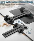 Dead Nuts On Accuracy Thin Rip Jig For Table Saw displaying extra-wide adjustment range up to 8.07 inches with dual rollers.