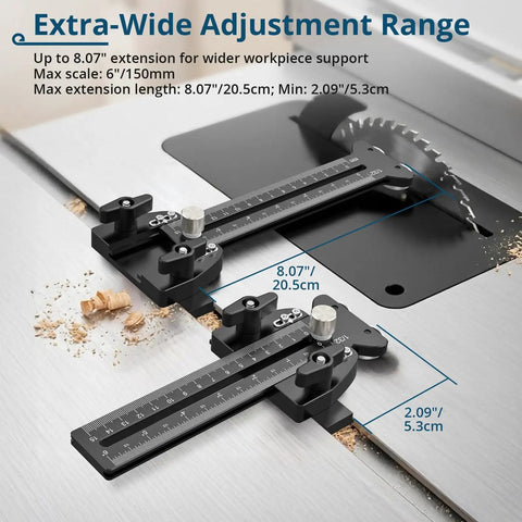 Dead Nuts On Accuracy Thin Rip Jig For Table Saw displaying extra-wide adjustment range up to 8.07 inches with dual rollers.