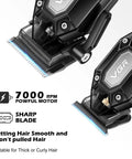 Cordless Hair Clippers And Trimmer Set For Men With USB Rechargeable Power 10 Guide Combs LED Display Pro Grade Barber Kit For Home And Barbershop Quiet Fast Clipping Family Friendly Haircut Machine, black clipper close-up with 7000 RPM motor