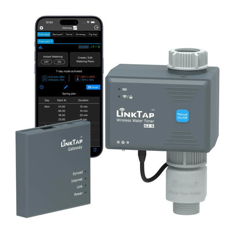 Smart Water Timer and Gateway for Lawn Irrigation With Weather Adaptive Control, Real Time Alerts, Leak Proof Design shown with app.