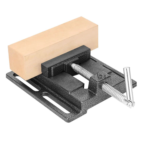 2 Pack 4 Inch Portable Drill Press Vise With Slotted Base Made From Durable Cast Iron for gripping wood block securely.