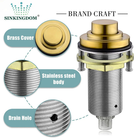 Matte Black Air Switch Kit With Long Button For Garbage Disposal Single Outlet Full Brass Construction Easy Install On Sink Top Or Countertop Do It Yourself Kitchen Upgrade, featuring brass and stainless steel components.