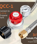 GASPRO 0-30 PSI propane regulator with gauge, red dial, 5-ft stainless braided hose, 3/8 inch female flare