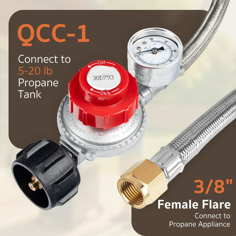 GASPRO 0-30 PSI propane regulator with gauge, red dial, 5-ft stainless braided hose, 3/8 inch female flare