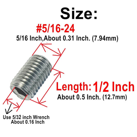 Durable 304 Stainless Steel Set Screws 30 Piece Pack Five Sixteenth Thread Twenty Four Per Inch Hex Socket Grub Screws With Allen Wrench For Machinery And Heavy Duty Hardware ZDingTech with size details.