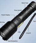 Rechargeable LED Flashlights 99,000 Lumen Super Bright Handheld Lights with labels and features highlighted, USB chargeable