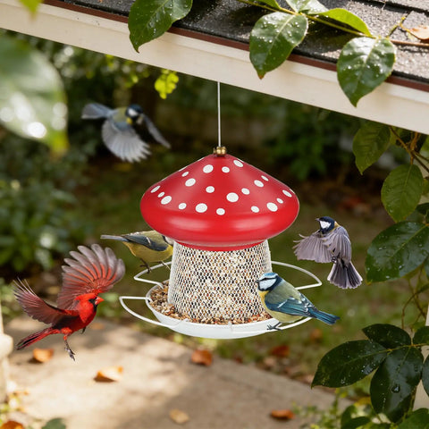 Heavy Duty Metal Mushroom Bird Feeder For Outdoor Hanging In The Garden Or Yard, Cute Red Bird Feeder That Attracts More Birds