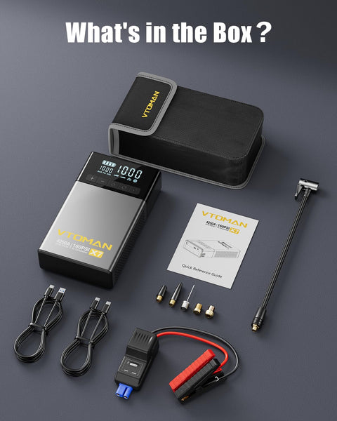 X7 Jump Starter With Air Compressor And Auto Shutoff Tire Inflator, 4250A Peak, 160 PSI, 12V Lithium Booster Box contents