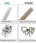 Six Piece 12 Inch Stainless Steel Piano Hinges Heavy Duty Pre Drilled Build Rust Resistant Finish Rock Solid Hardware For Cabinet Doors Workshop Rig And Everyday Fixes Built For The Daily Grind comparison image showing superior quality hinges and screws.