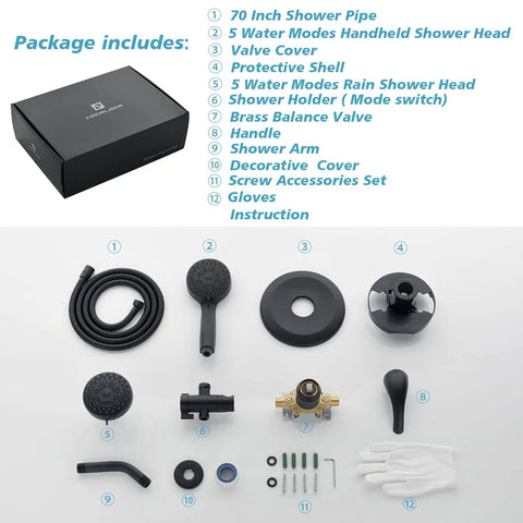 Included components of 2 In 1 Matte Black Shower System With Handheld And Dual Rain Showerheads, High Pressure, 35 Settings