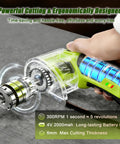 Close-up of Heavy Duty Cordless Electric Scissors 4v Rechargeable Rotary Cutter with transparent casing and ergonomic grip.