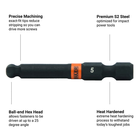 Close-up of S2 steel 2 Inch Ball End Hex Bit from 20 Piece Set with torsion zone, showing machining details and labeling.
