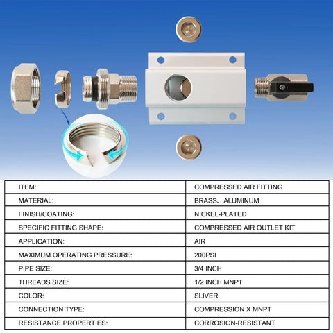 Two Pack Three Quarter Inch Compressed Air Outlet Kit With One Half Inch NPT Ports Aluminum Manifold Includes Straight Fittings And Brass Valves Perfect For Three Quarter Inch Air Piping Systems components displayed