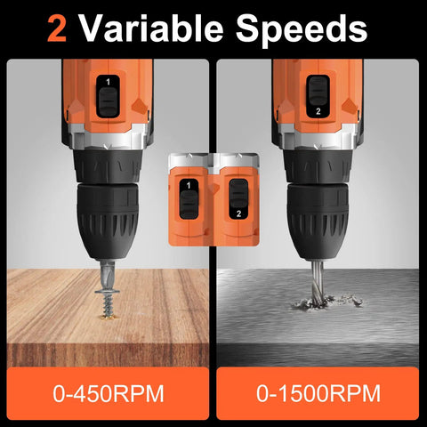 21V Cordless Drill Kit With 2Ah Battery, 310 In-Lb Torque using two speed modes, wood and metal drilling, 3/8 inch chuck