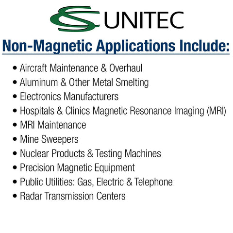 List of non-magnetic applications including aircraft maintenance, MRI, minesweepers, and electronics manufacturing by UNITEC.