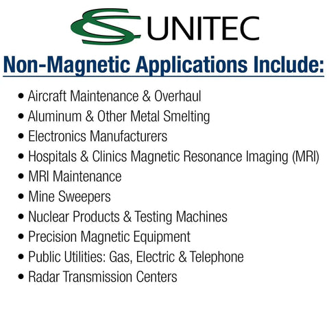List of non-magnetic applications by UNITEC including aircraft maintenance and MRI maintenance.