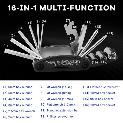 16-In-1 Motorcycle And Bike Repair Tool Kit With Foldable Multitool, Screwdriver And Hex Wrenches shown unfolded with labeled tools